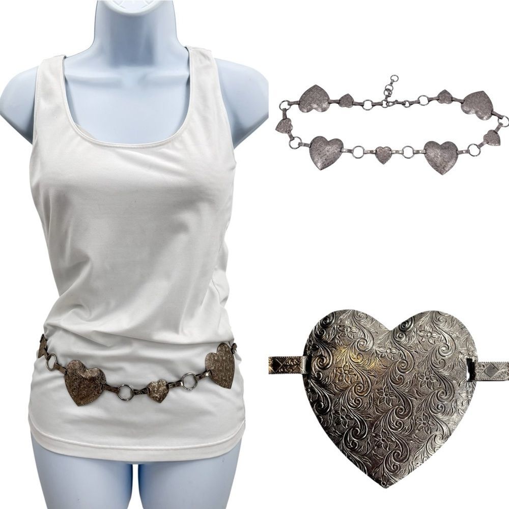 Silver Etched Heart Low Slung Hip Chain Belt 90's Y2K